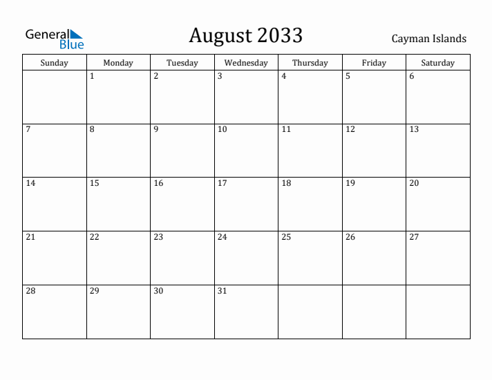 August 2033 Calendar Cayman Islands
