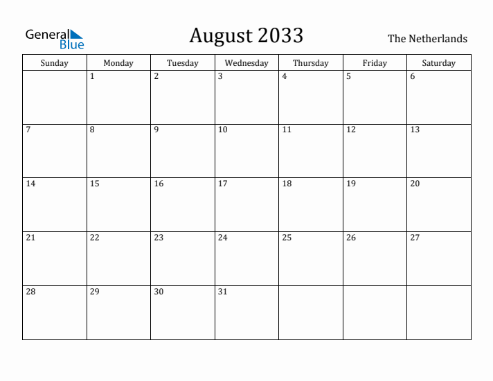 August 2033 Calendar The Netherlands