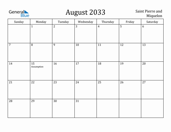 August 2033 Calendar Saint Pierre and Miquelon