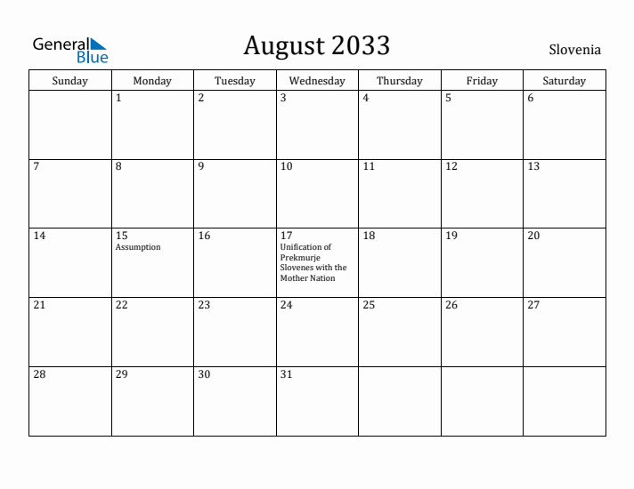 August 2033 Calendar Slovenia