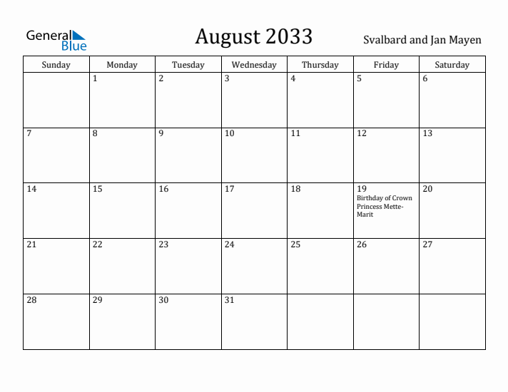 August 2033 Calendar Svalbard and Jan Mayen