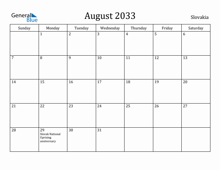 August 2033 Calendar Slovakia