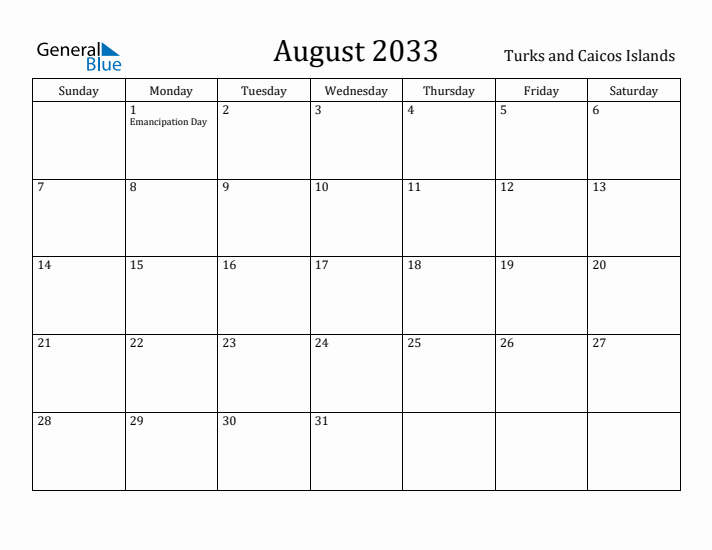 August 2033 Calendar Turks and Caicos Islands