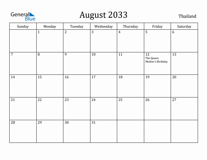 August 2033 Calendar Thailand