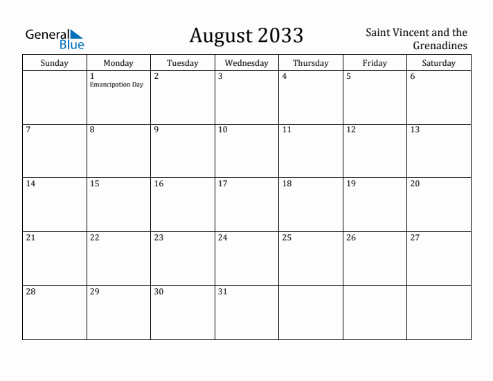 August 2033 Calendar Saint Vincent and the Grenadines