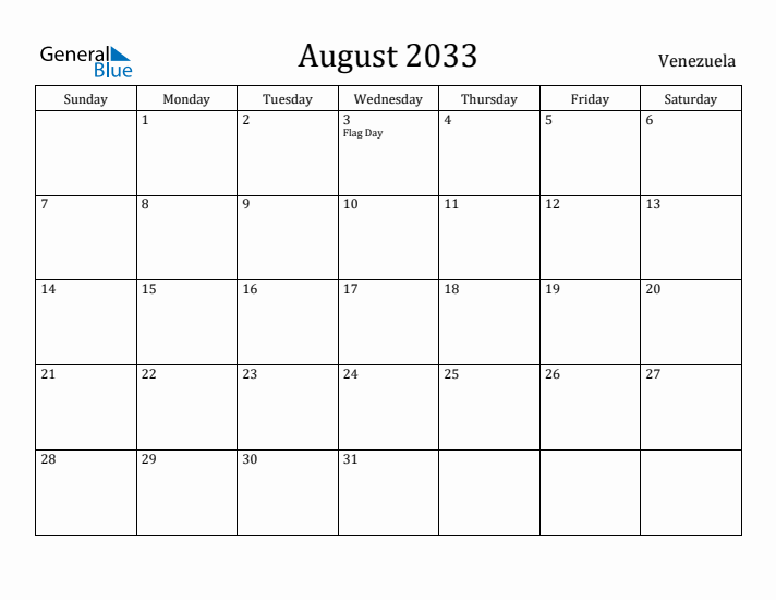 August 2033 Calendar Venezuela