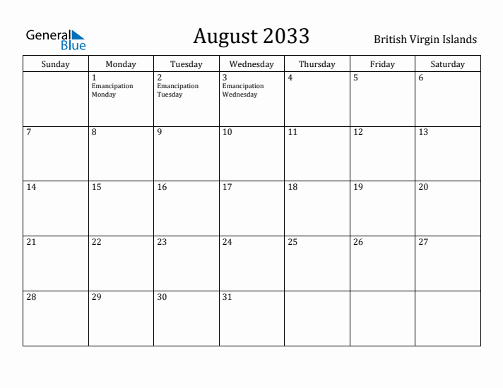 August 2033 Calendar British Virgin Islands