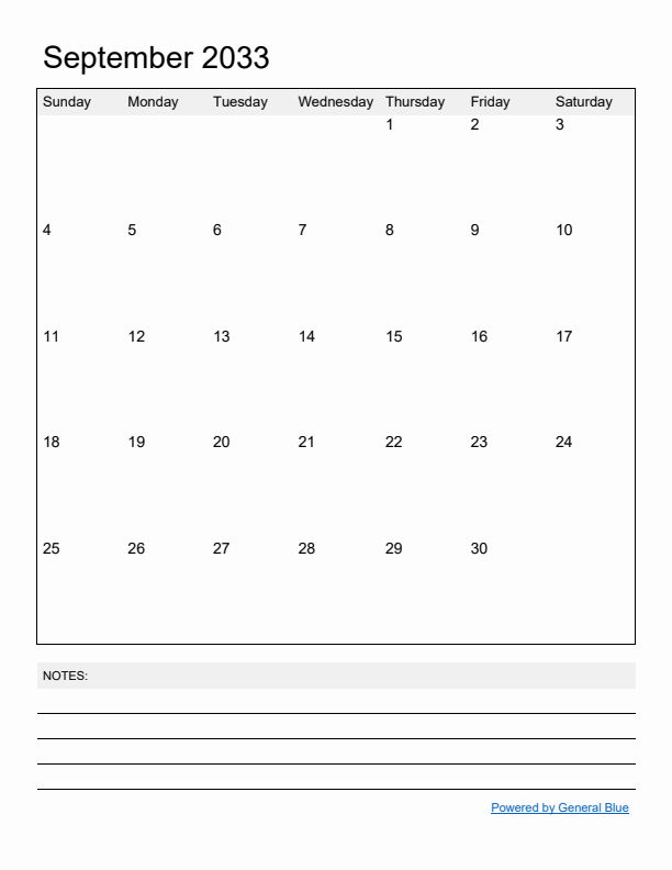Basic Monthly Calendar Template for September 2033