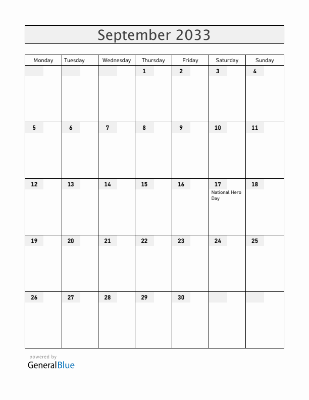 Angola September 2033 Calendar with Holidays