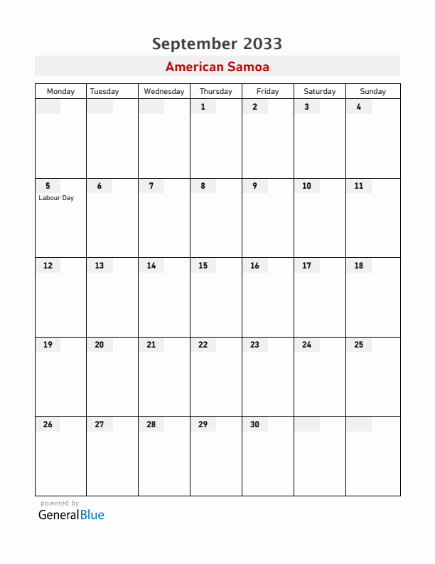 American Samoa September 2033 Calendar with Holidays