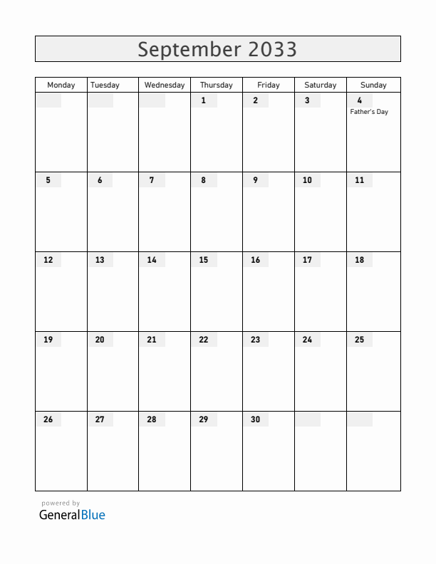 Australia September 2033 Calendar with Holidays