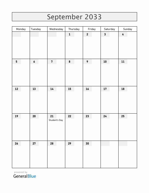 Bolivia September 2033 Calendar with Holidays