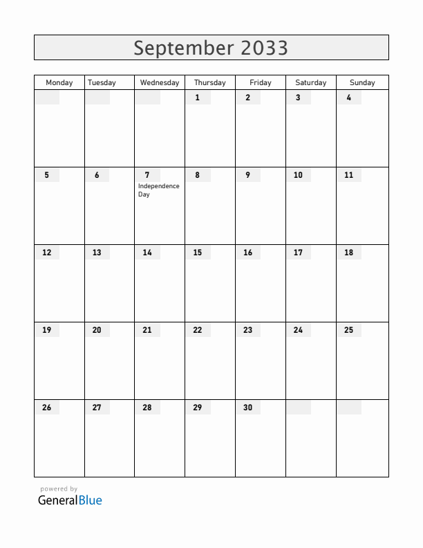Brazil September 2033 Calendar with Holidays