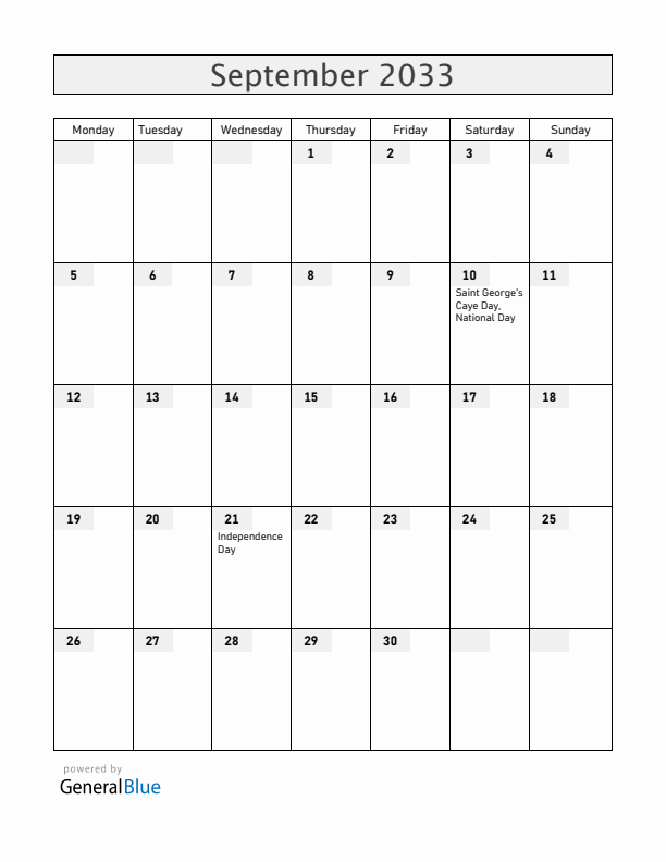 Belize September 2033 Calendar with Holidays