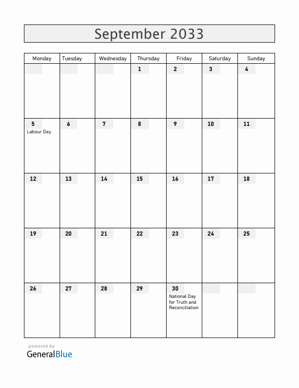 Canada September 2033 Calendar with Holidays