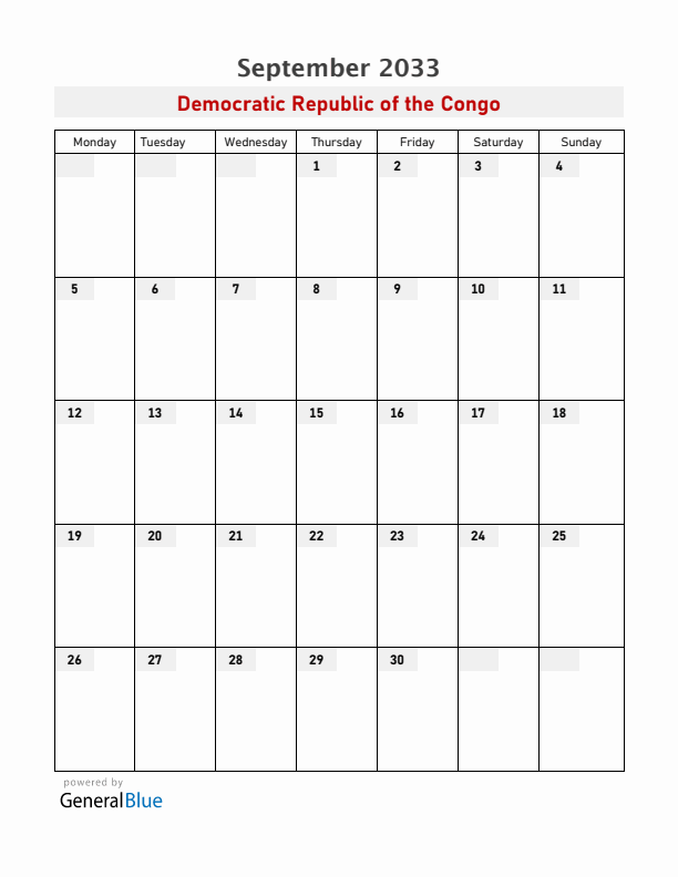 Democratic Republic of the Congo September 2033 Calendar with Holidays