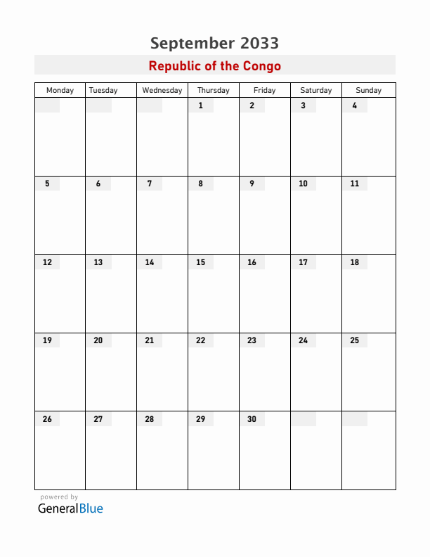 Republic of the Congo September 2033 Calendar with Holidays
