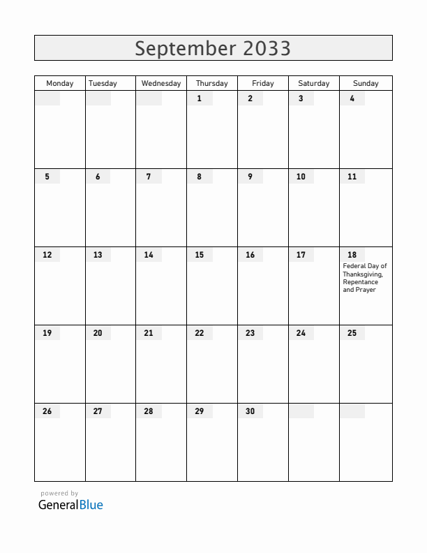 Switzerland September 2033 Calendar with Holidays