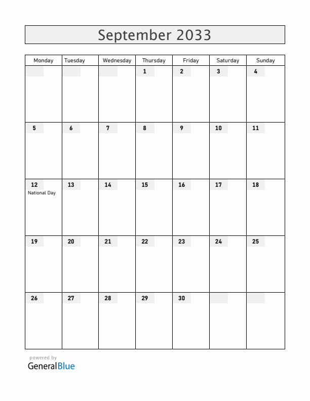 Cabo Verde September 2033 Calendar with Holidays