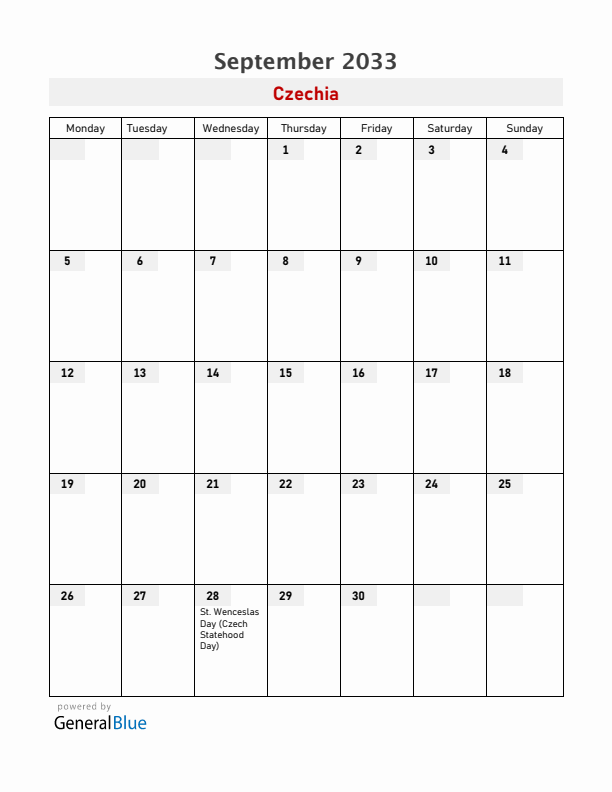Czechia September 2033 Calendar with Holidays