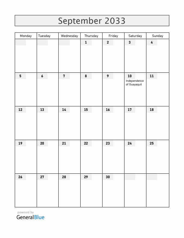 Ecuador September 2033 Calendar with Holidays