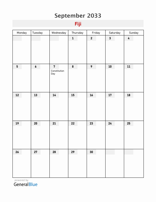 Fiji September 2033 Calendar with Holidays