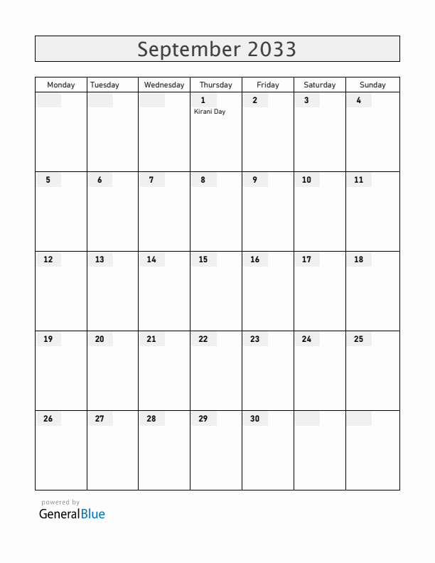 Grenada September 2033 Calendar with Holidays