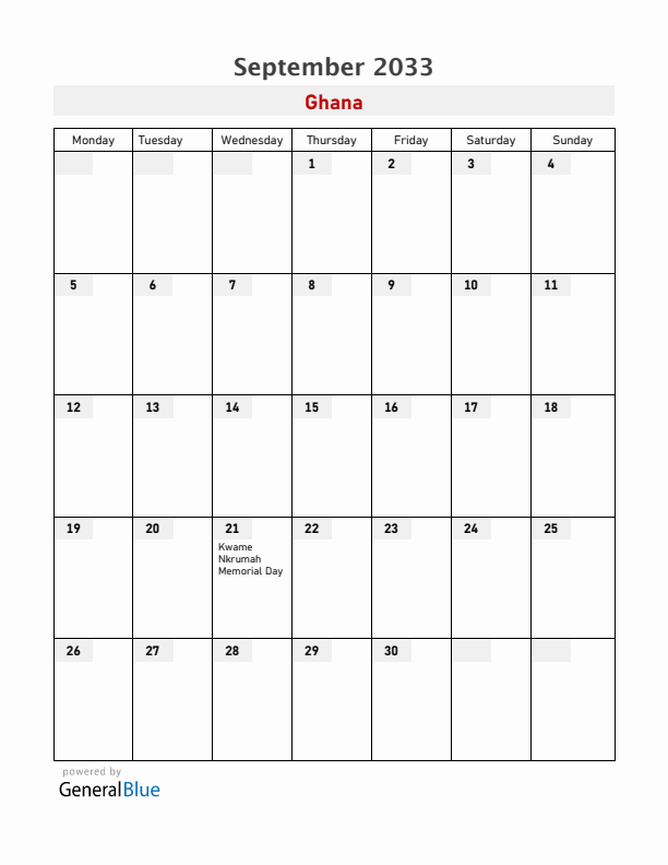Ghana September 2033 Calendar with Holidays