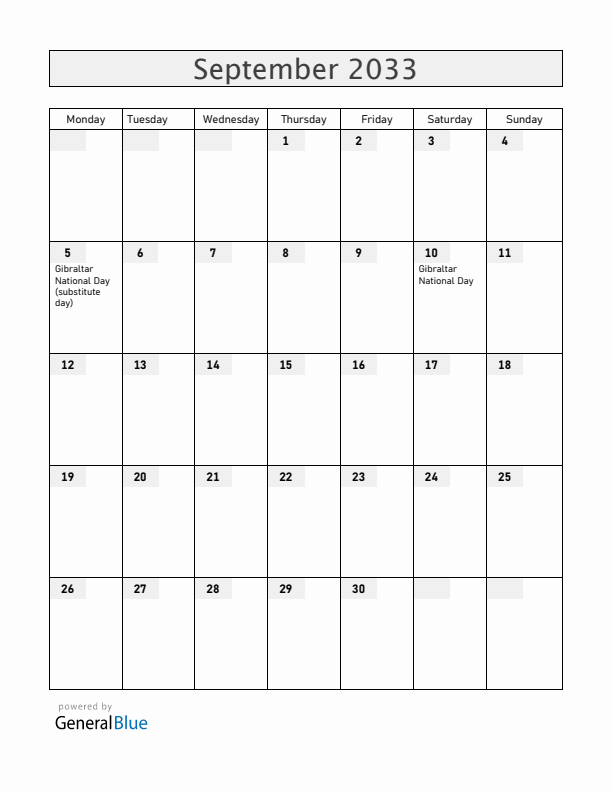 Gibraltar September 2033 Calendar with Holidays