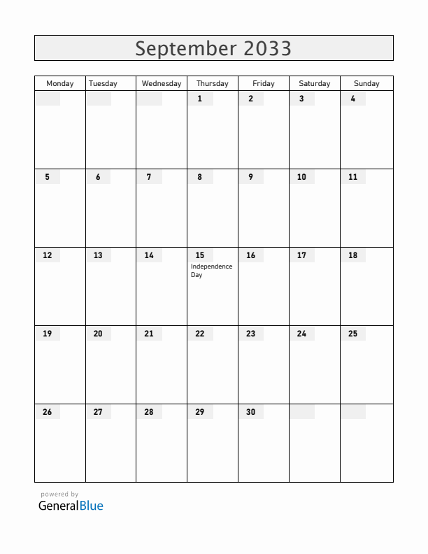 Guatemala September 2033 Calendar with Holidays