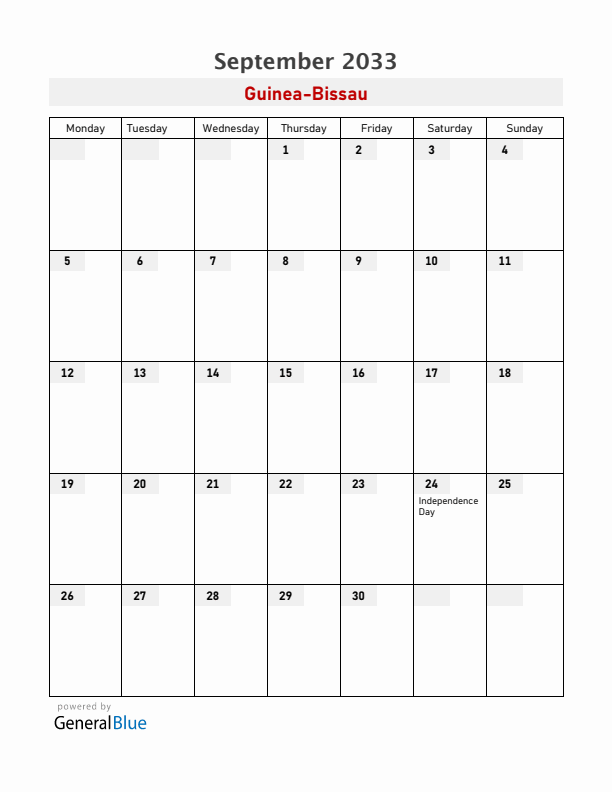 Guinea-Bissau September 2033 Calendar with Holidays