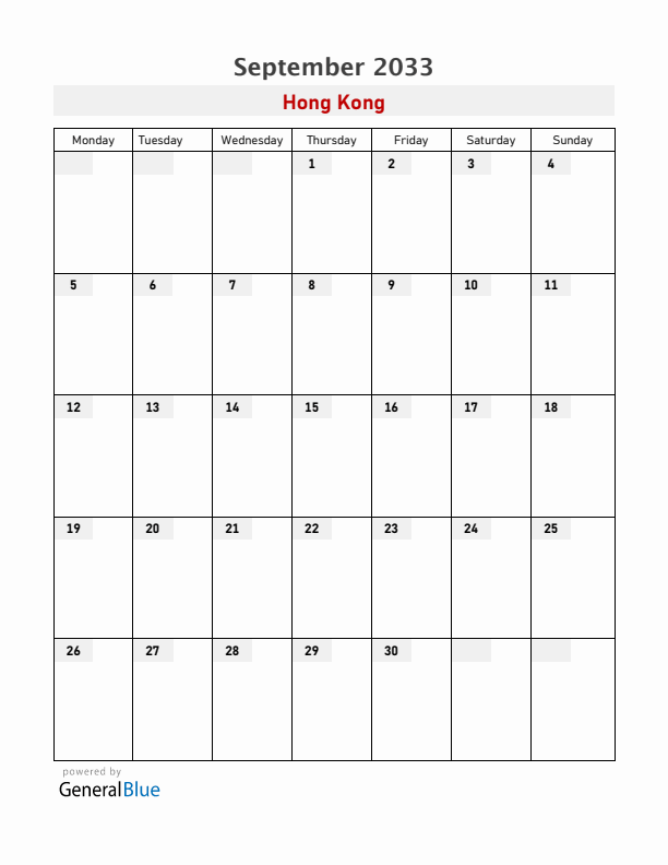 Hong Kong September 2033 Calendar with Holidays