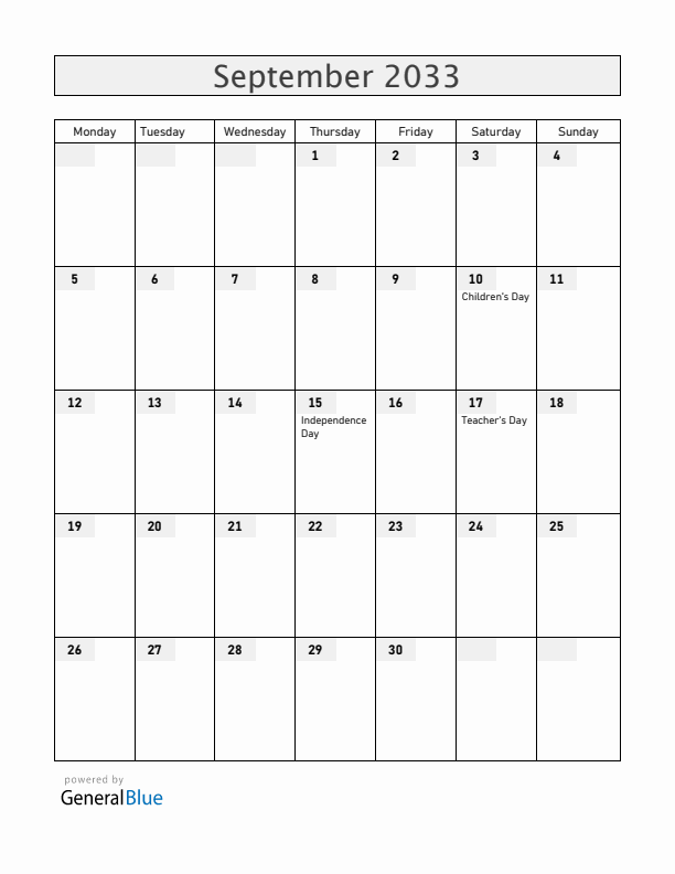 Honduras September 2033 Calendar with Holidays