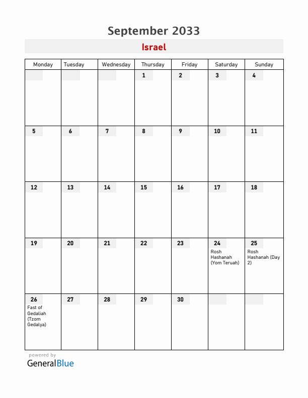 Israel September 2033 Calendar with Holidays