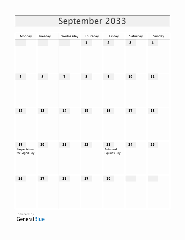 Japan September 2033 Calendar with Holidays