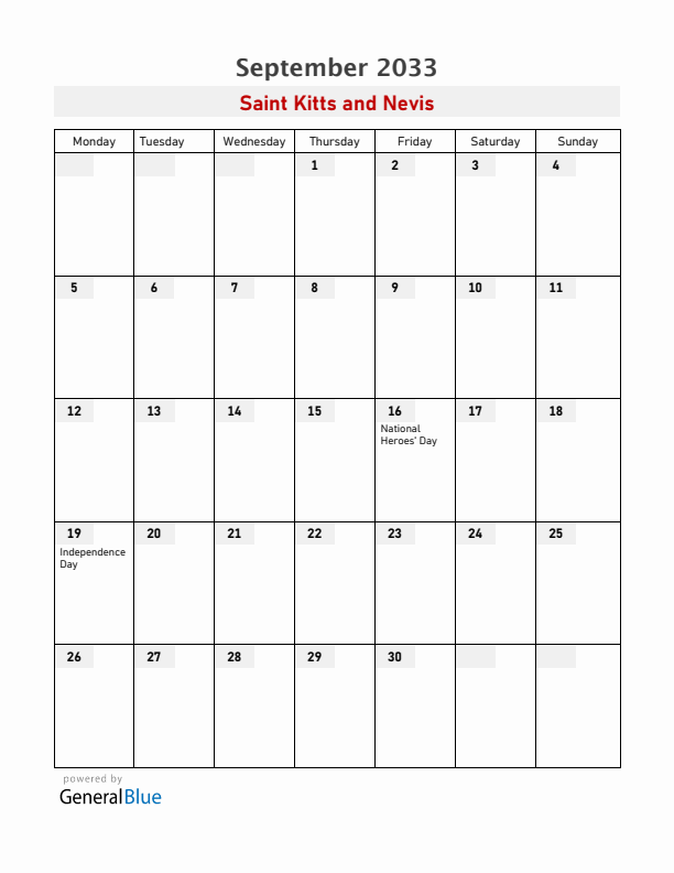 Saint Kitts and Nevis September 2033 Calendar with Holidays