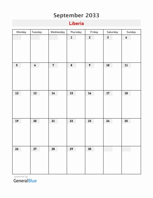Liberia September 2033 Calendar with Holidays
