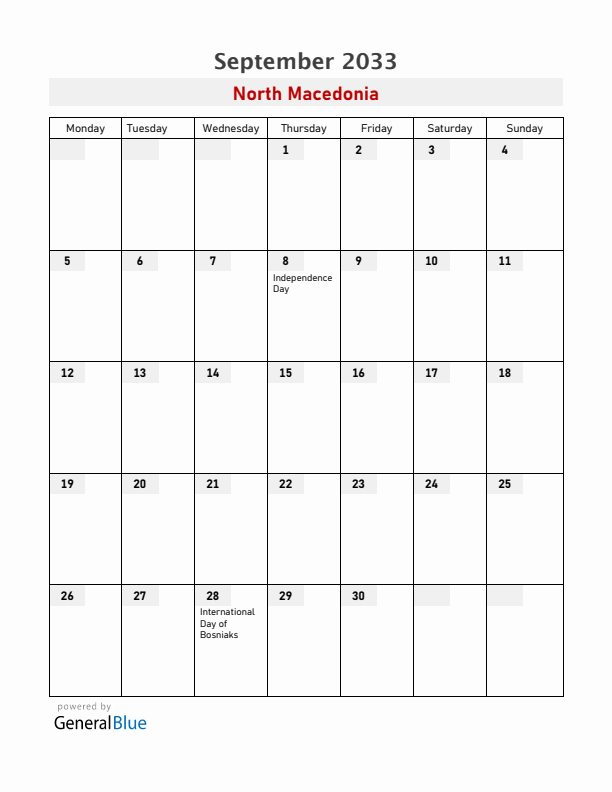North Macedonia September 2033 Calendar with Holidays