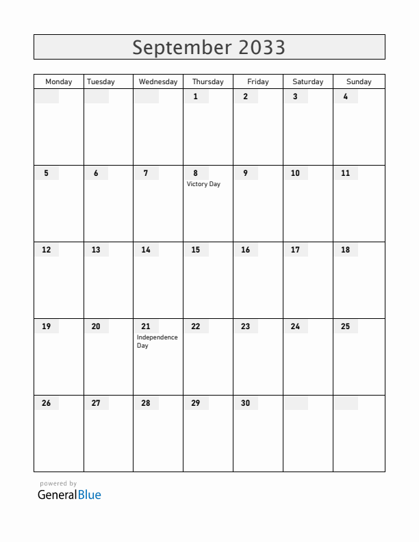 Malta September 2033 Calendar with Holidays