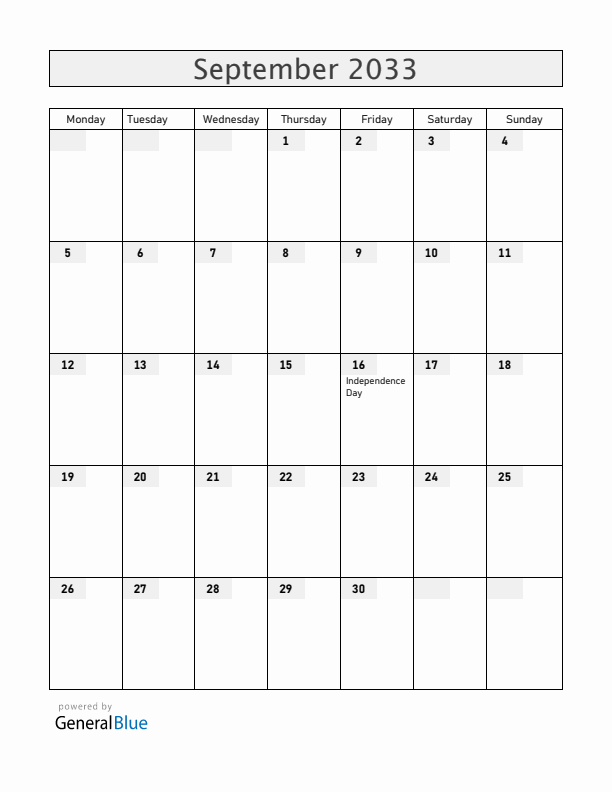Mexico September 2033 Calendar with Holidays