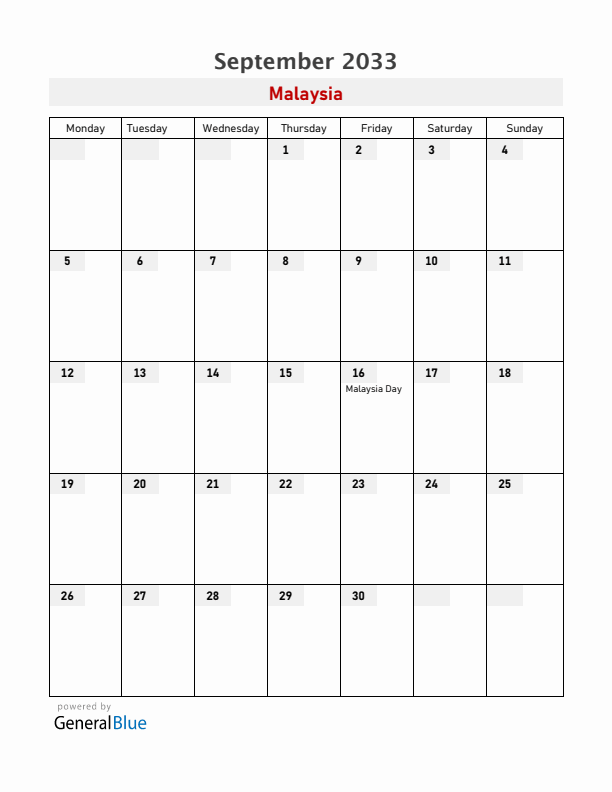 Malaysia September 2033 Calendar with Holidays