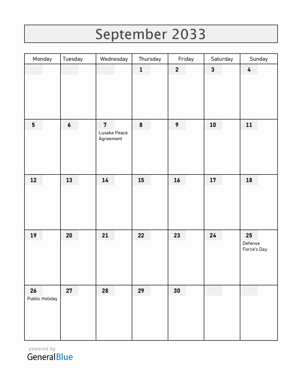 Mozambique September 2033 Calendar with Holidays