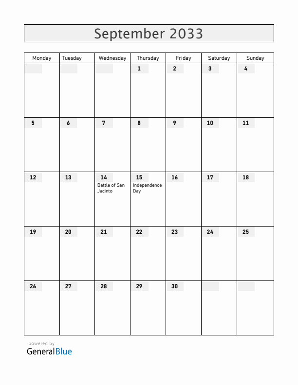 Nicaragua September 2033 Calendar with Holidays