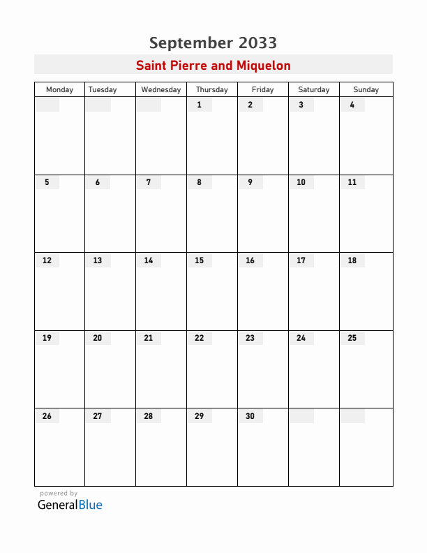Saint Pierre and Miquelon September 2033 Calendar with Holidays