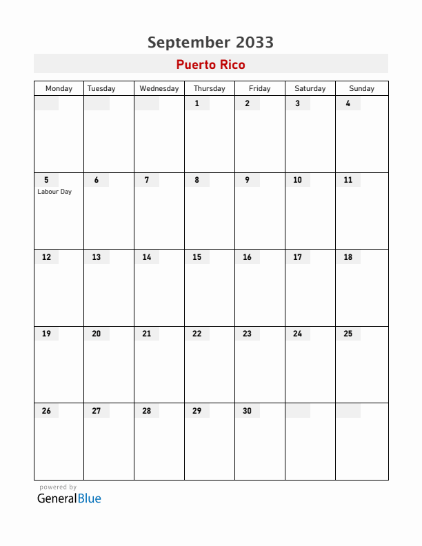 Puerto Rico September 2033 Calendar with Holidays