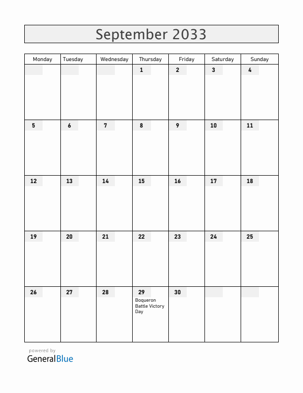 Paraguay September 2033 Calendar with Holidays