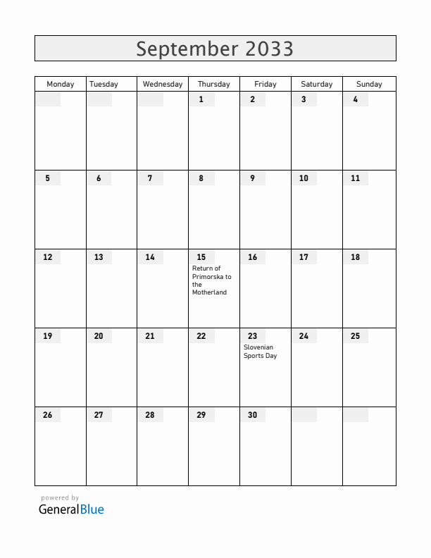 Slovenia September 2033 Calendar with Holidays