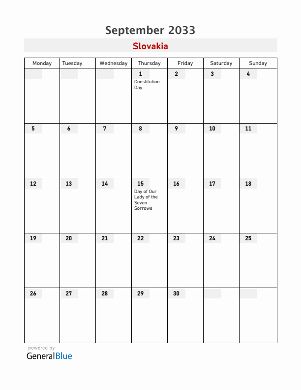 Slovakia September 2033 Calendar with Holidays