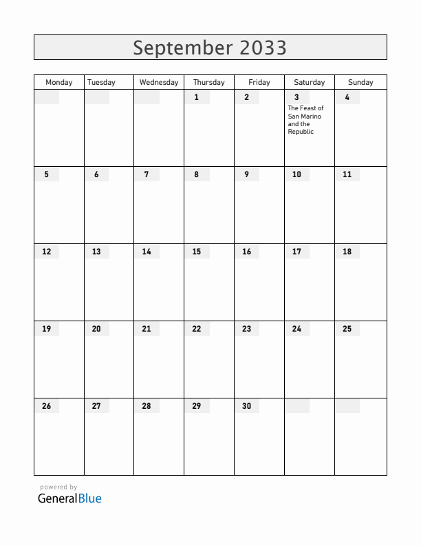 San Marino September 2033 Calendar with Holidays