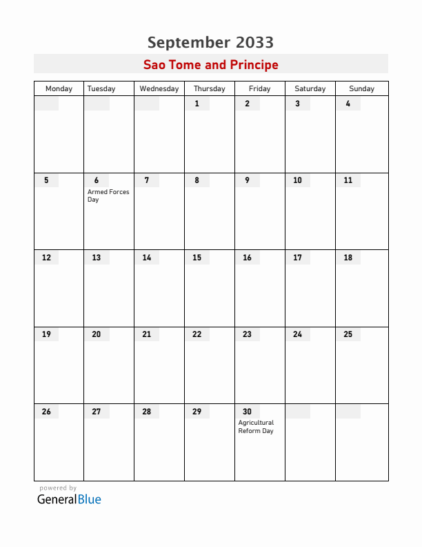 Sao Tome and Principe September 2033 Calendar with Holidays